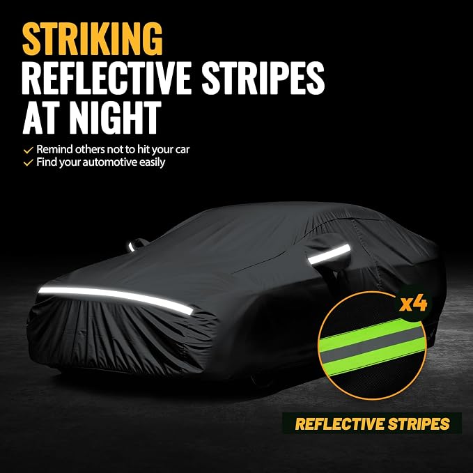 Favoto Car Cover Waterproof All Weather Windproof for Sedans 184-193 Inches | UV Protection, Soft Cotton Lining, Driver Door Zipper, Reflective Strips and Storage Bag Included with Vehicle Fitment Silver
