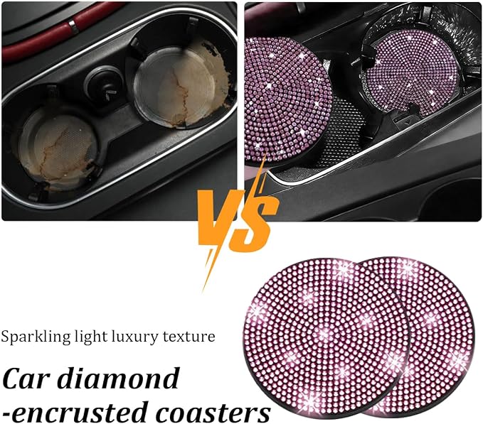 27PCS Bling Car Accessories Set for Women, 14.5-15" Rhinestone Steering Wheel Cover Cup Coaster, USB Charger Phone Holder Headrest Hook, Diamond Auto Interior Decor, Universal Fit (Pink)