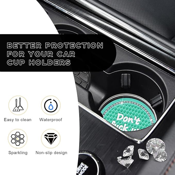Ohleats 2 PCS Bling Car Cup Coaster, 2.75 Inch Non-Slip Don't Fuck Up My Car Please Cup Holder Insert Coaster, Crystal Rhinestone Auto Drink Cup Mat, Universal Car Accessories (Green)