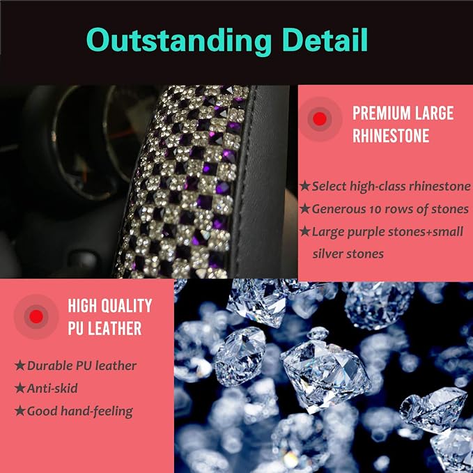 PINCTROT Bling Bling Comfy Steering Wheel Cover with Jumbo Crystal Rhinestones, Anti-Slip Diamond Leather, Universal 15 Inch (Purple)