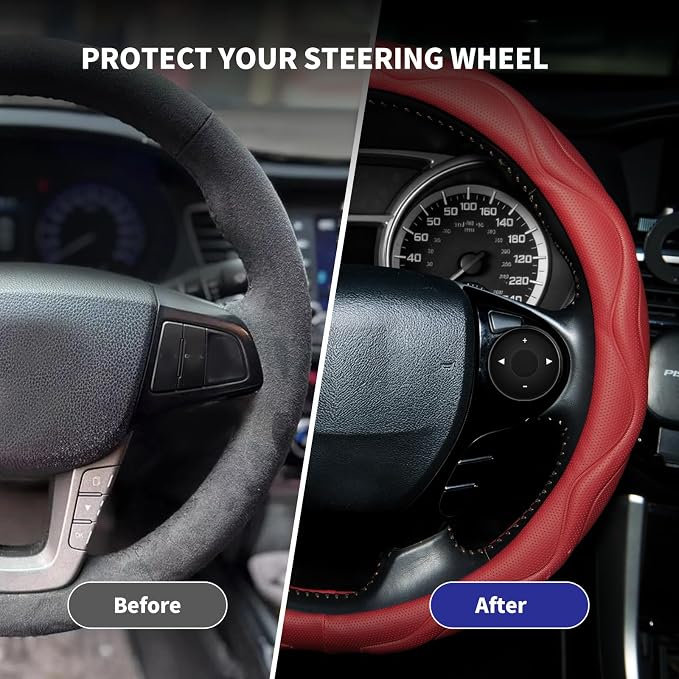 Steering Wheel Cover with Anti-Slip Leather Grip Compatible with Ford, Toyota, Honda, Nissan, and Chevrolet Vehicles for 14.5-15.35 inch Round Steering Wheels Universal Car Accessories