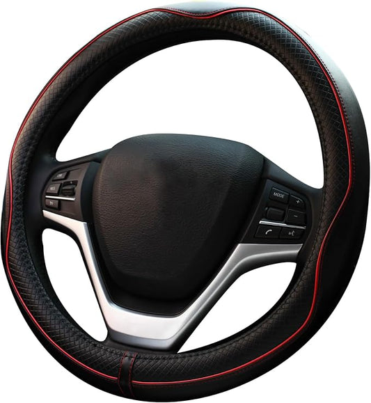 Microfiber Leather Car Steering Wheel Cover, Soft Padding, Durable, No Smell, Universal 15 Inch Steering Cover, Anti-Slip Embossing Pattern A, Black with Red Line