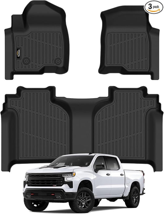 Floor Mats 2019-2025 2026 for Chevy Silverado/GMC Sierra 1500, 2020-2026 2500HD/3500HD (Crew Cab Only, Fit with Rear Under-Seat Storage All Weather TPE Floor Liner (Not 2nd Row Plastic Storage/NO EV)