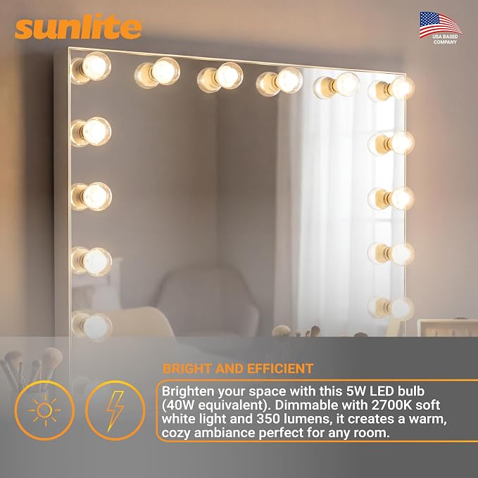 Sunlite G16.5 Light Bulb LED, 5 Watts (40W Equiv.), 350 Lumens, Dimmable, Type G Globe Shape E12 Candelabra Base, Short Bulbs, Vanity Mirror Bulbs, 2700K Soft White, Clear, 6 Count