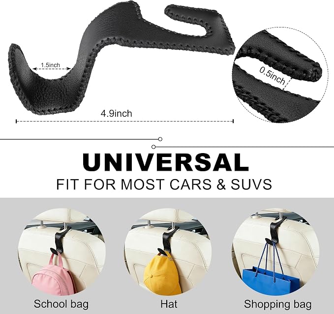 Headrest Hooks for Car, Leather Car Purse Hooks Hanger Holder Hook for Hanging Purses and Bags and Coats, 4Pack Black