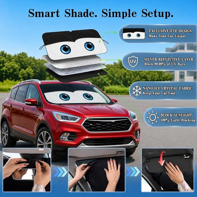Car Windshield Sun Shade, Universal Fit Full-Size SUV Pickup, Cute Black | 63 x 33.86" Large Windshield Cover, Foldable Front Window Sunshade, UV Heat Protection, Cute Eyes Series