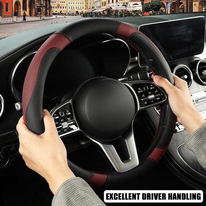 Black Burgundy Microfiber Leather Steering Wheel Cover 15 inch | Breathable Anti Slip Grip Cool Sporty Look Glow for Women Men