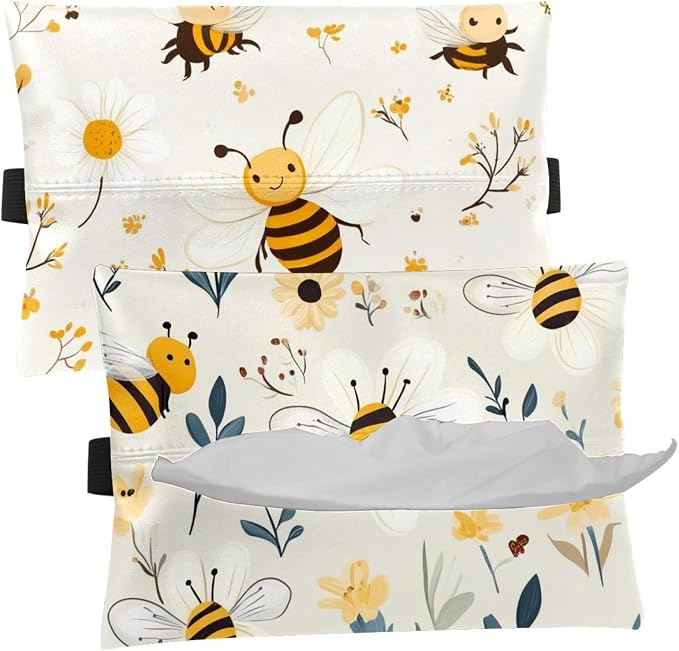 White Flower and bee Cartoon (2) Hang Paper Towel Holder Tissue Box Cover Tissue Holder for Car Home Office Desk