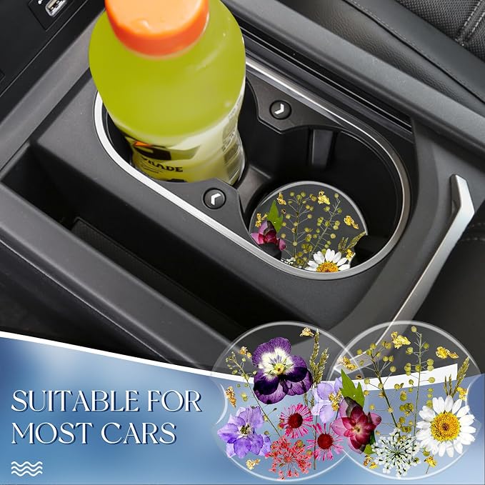 Swooflia Flower Car Cup Holder Coasters for Women - 2.75 Inch Cute Resin Clear Automotive Drink Cupholder Insert Car Accessories 2 Pack White Purple