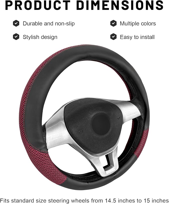 Sun Walker Steering Wheel Cover, 15 inch Breathable Steering Wheel Protector with Anti-Slip Lining, Comfortable Wheel Wrap Cover for Most Vehicles, Universal Car Accessories (Red)