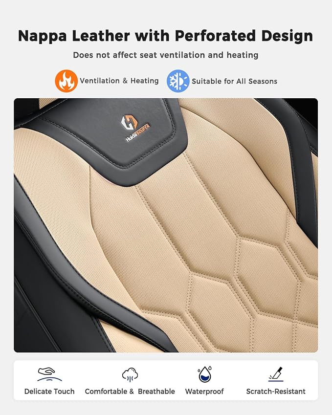 Huidasource Car Seat Covers, Universal Fit for Cars SUV Trucks, Black&Beige | Full Coverage Leather Seat Cover, Airbag, Cupholder Compatible, Seat Function Retain, Easy Install with Velcro