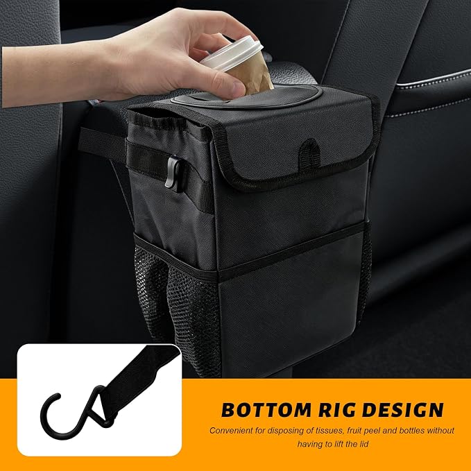 Car Trash Can with Lid, Multipurpose Collapsible Auto Garbage Bin with 3 Storage Pockets, Waterproof Leakproof Oxford Cloth Organizer Hanging Portable Trash Bin for Most Vehicles (Black)