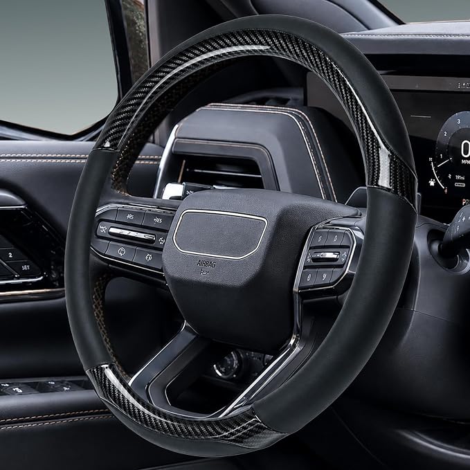 Yangday Leather Steering Wheel Cover for GMC Sierra 1500 2500 3500, 14.5-15 inches Car Steering Wheel Cover with Anti-Slip Massage Particle (Carbon Black)