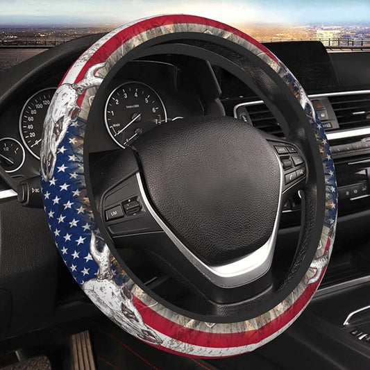 Camo Us Flag Deer Elastic Steering Wheel Cover Non-Slip Breathable Steering Wheel Protector Fit Auto, SUVs, Truck