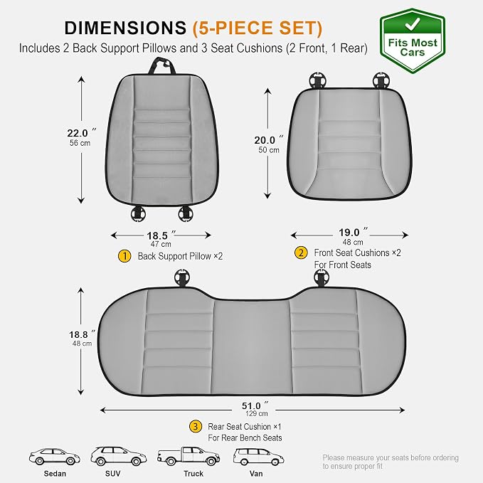 kingphenix 5-Piece Car Seat Cushion Set with Back Support | Full Back Support Pillow and Seat Cushion for Long Driving, Road Trips, Truck, Van, SUV, Gray