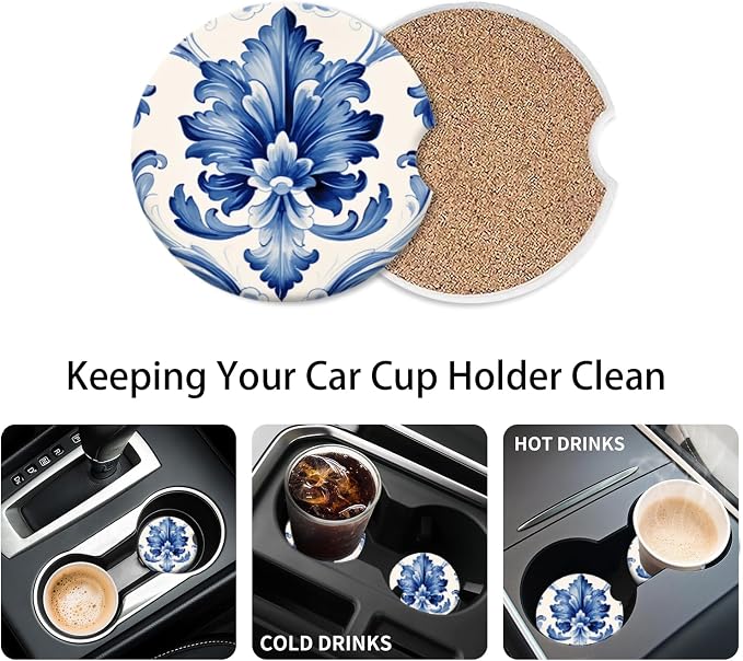 Cup Holder for Car,Blue and White Floral Elegant Print Ceramic Coasters Non-Slip Cup Holder Insert with Fingertip Grip, Auto Interior Accessories for Women & Men,Pack of 2, 2.56In