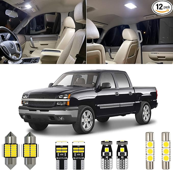 Xpismii 12 Piece 6000K White Interior LED Light Kit Package Replacement for Chevy Chevrolet Silverado/GMC Sierra 1999 2000 2001 2002 2003 2004 2005 2006, with Placement Diagram and Install Tool