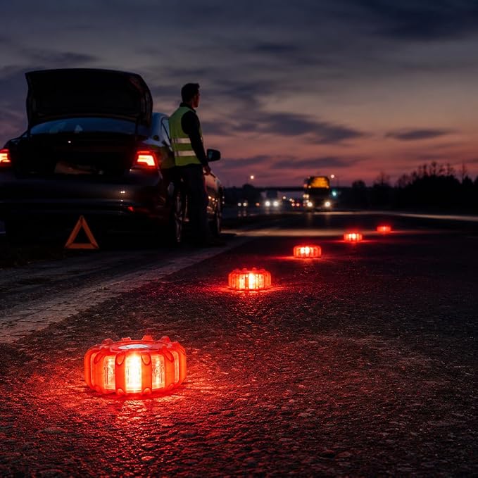 HYUWMXPY 6 Pack LED Road Flares, Emergency Warning Lights with 9 Flash Modes, Magnetic Base and Hook, Waterproof Crush-Resistant Safety Beacons for Car Truck Boat, Batteries Not Included