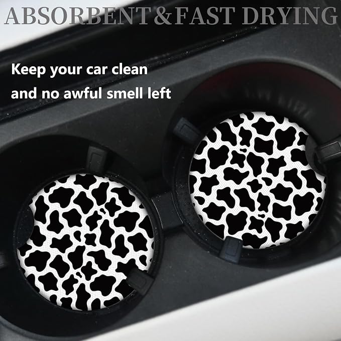 Cute Cow Print Animal Themed Black and White Cup Holders,2 Pack Universal Neoprene Car Coasters Set for Women/Men,Drink Cup Car Holder Coasters with A Finger Notch