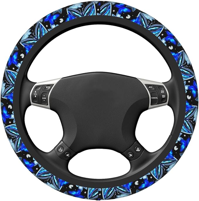 Sparkle Blue Butterfly Steering Wheel Cover for Women Men Girls Car Accessories Decor Anti-Slip Neoprene Auto Steering Wheel Covers Protector Universal 15 Inch