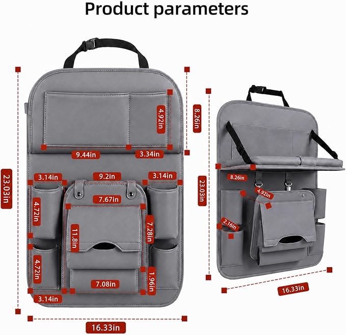 2 Pack Car Backseat Organizer with Foldable Table Tray, PU Leather Seat Back Organizer with Trash Bin, Tablet Holder, Kick Mat Protector, Back Seat Storage for Cars, Gray