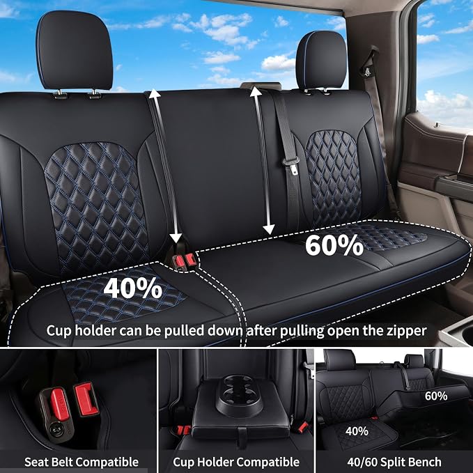 Huidasource Seat Covers for Chevy Silverado/GMC Sierra, Chevy Silverado 1500 Seat Covers, 1500 2007-2013&2019-2026, 2500HD 3500HD 2020-2026 Crew Double Extended Cab, Thickened Nappa Leather Black&Blue