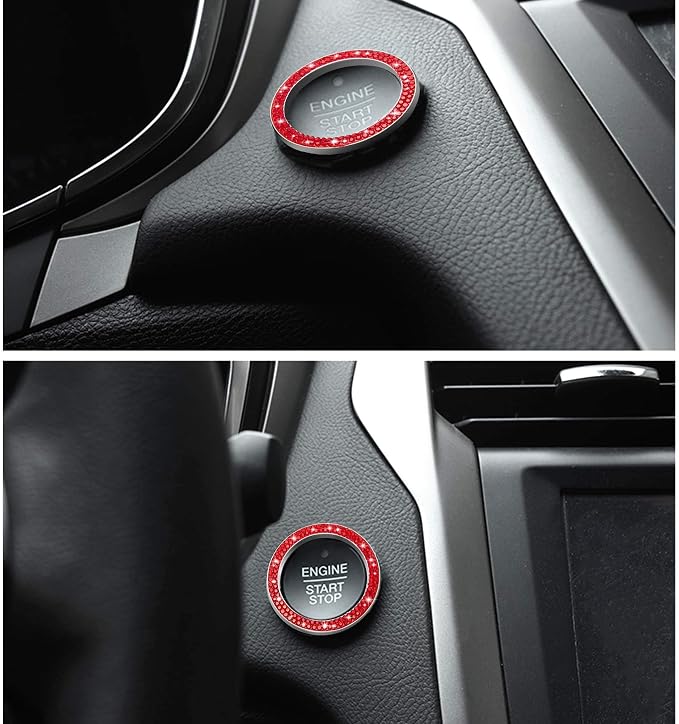 WINKA 2pcs Bling Car Engine Start Button Cover Diamond Crystal Push Start Stop Button Ring Sparkly Bling Ignition Button Cover Rhinestone Keyless Ignition Ring Universal Car Accessories (Red)