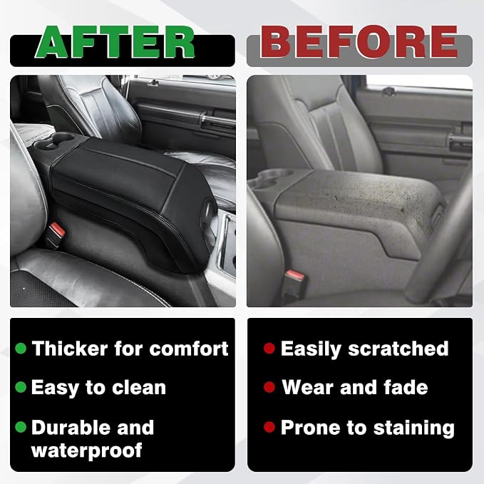 Muslogy Center Console Armrest Cover Fit for Ford F250 F350 F450 2011-2016 Super Duty Accessories, Comfort Armrest Pad Console Lid Cushion Vegan Leather Regular Thick(Bucket Seat ONLY)