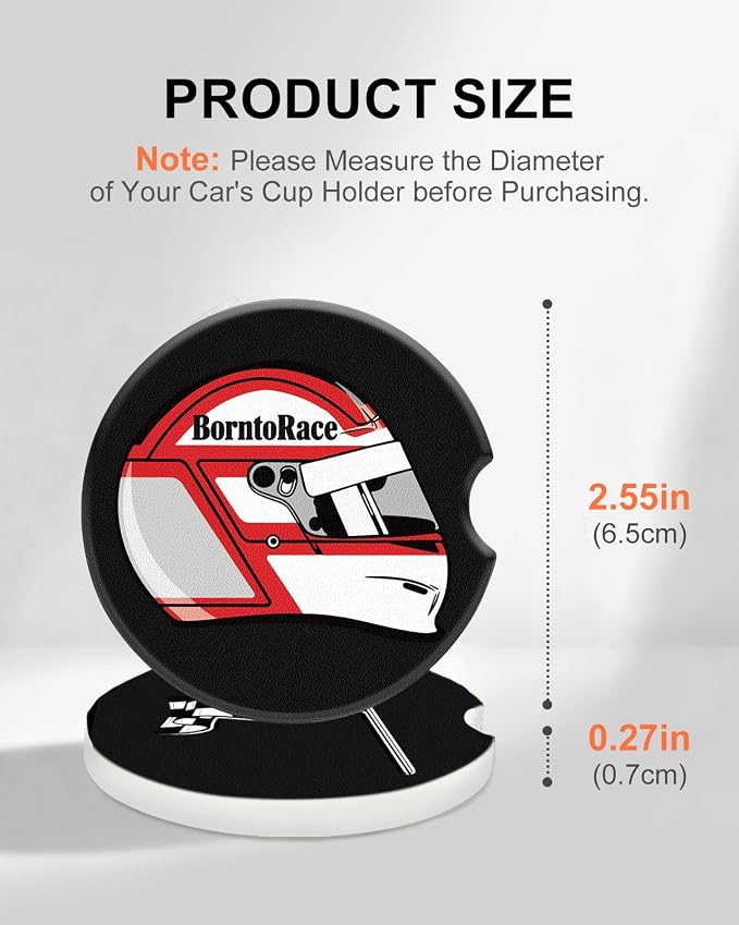 Swooflia Car Coasters for Men - Helmet Ceramic Car Cupholder Coaster Cool Absorbent Mat Coaster with Cork Base 2 Pack Automotive Cup Holder Accessories New Driver Gifts