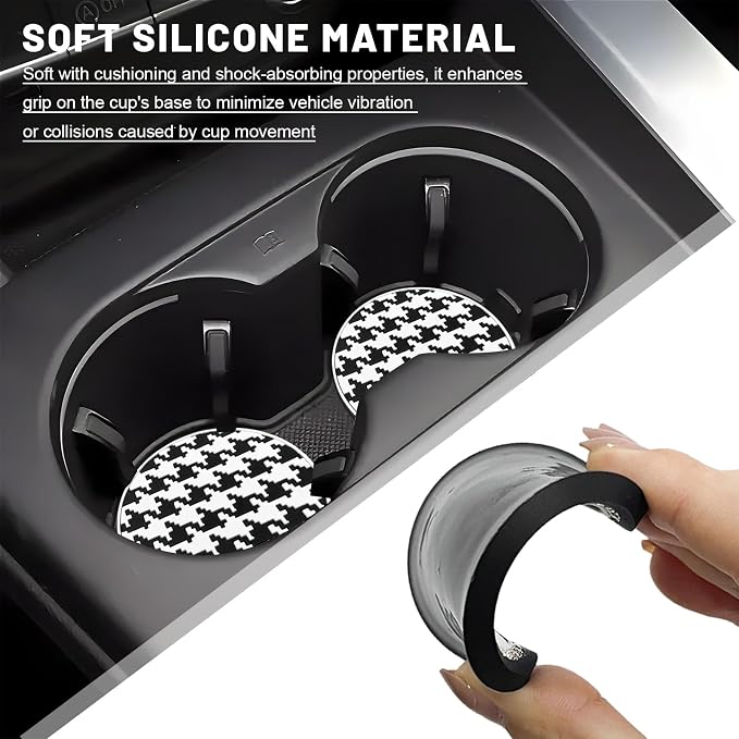 4 PCS Car Cup Coasters, 2.76 Inch Shockproof Auto Cup Holder Insert Coaster Checkered Drink Mat, Anti-Slip Waterproof Water Bottle Pad Stylish Grid Decoration for Most Vehicles (Houndstooth)