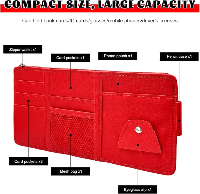Car Sun Visor Organizer, Multifunctional Auto Visor Storage Bag with Net Pocket & Eyeglass Clamp, Waterproof Multi-Pocket Storage Pouch Ticket Organizer for Car Sun Visors (Red)