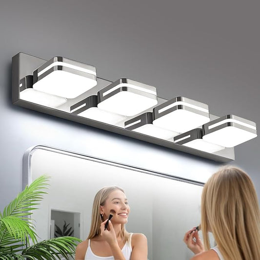 Torondo 360° Rotate LED Bathroom Vanity Light Fixtures, Acrylic Vanity Lights for Bathroom, Modern Wall Lighting Fixtures Over Mirror Living, Chrome, Natural White, 4-Light, 27-Inch