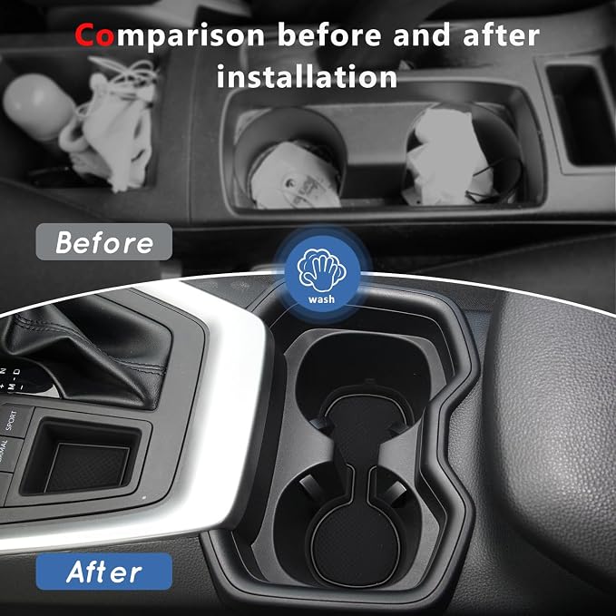 Auovo 3D Cup Holder Insert Liners Compatible with Toyota RAV4 Accessories 2025 2024 2023 2022 2021 2020 2019 Car Custom Cup Holder Mats Pads 4-pc Set (Black Trim)