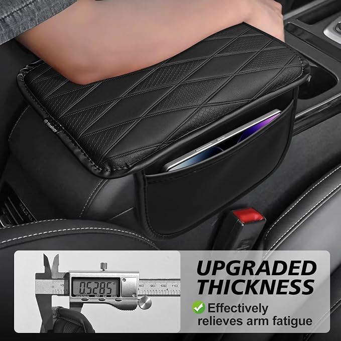 Muslogy Center Console Armrest Cover Fit for Most Vehicle SUV Sedan Universal Accessories, Comfort Armrest Pad Console Lid Cushion Vegan Leather Regular Thick (w/Side Pockets)