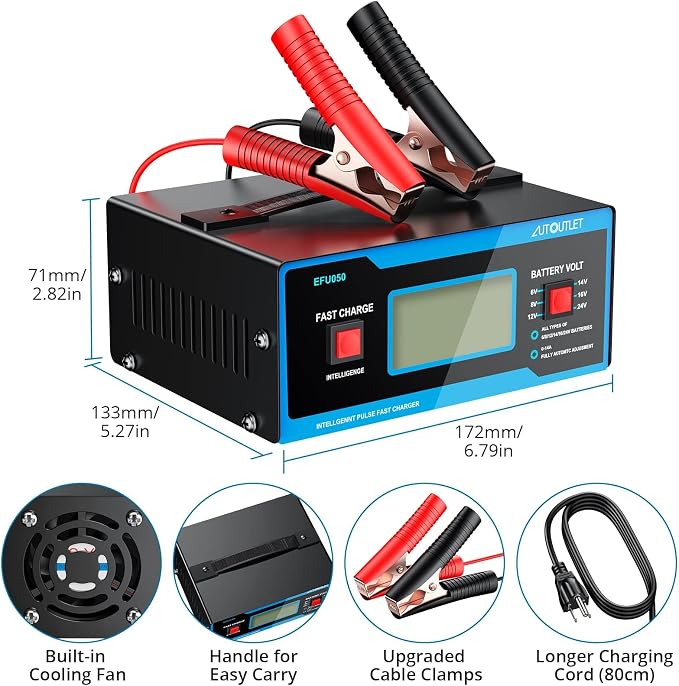 AUTOUTLET Upgraded 8 Volt Battery Charger for Golf Cart Automotive Battery Charger and Maintainer 0-14A with Cable Clamps for 6/8/12/14/16/24V Lead-Acid Batteries