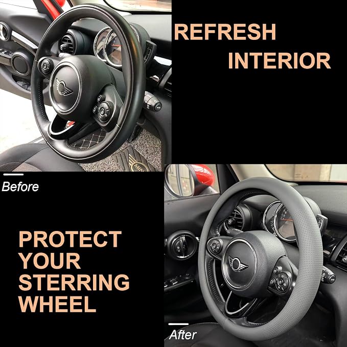 PINCTROT Large Size Nappa Leather Steering Wheel Cover, Slim Fit No Bulk Design, One Piece Leather with Breathable Perforation, Fit Like Gloves, 15.5-15.75 Inch(Nappa Dark Gray)