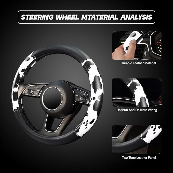 ZHOL 16 inch Steering Wheel Cover Cow Print, Breathable Microfiber Leather Compatible Large-Size for F150 F250 F350 Ram 4Runner Tacoma Tundra Range Rover Model Car Accessories for Women Men