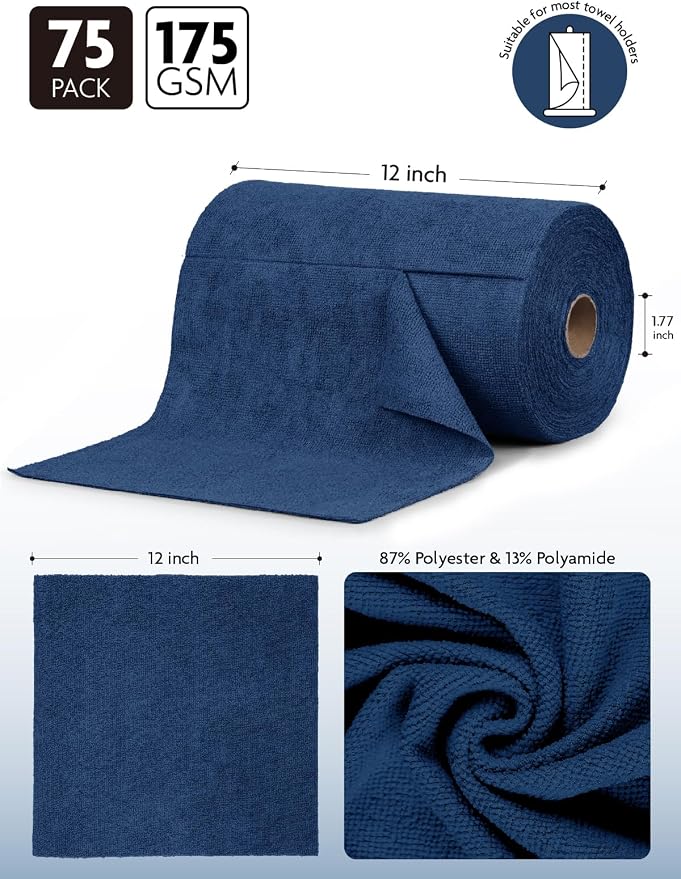 Fantasticlean Microfiber Cleaning Cloth Roll-75 Sheets, 12"x12" (Navy Blue) | Super Absorbent, Lint-free, Tear-away Microfiber Towel Roll, for All-Purpose Cleaning, Reusable Alternative to Paper Towels