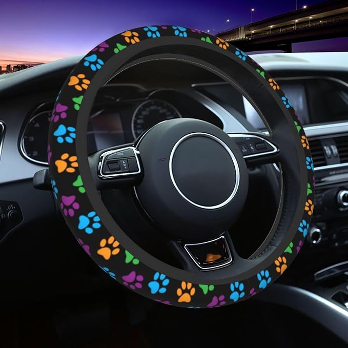 Paw Print Steering Wheel Cover Anti-Slip and Practical 14.5-15 Inch Universal Car Steering Wheel Cover with 2 Pieces Car Coasters Suitable for Men Women