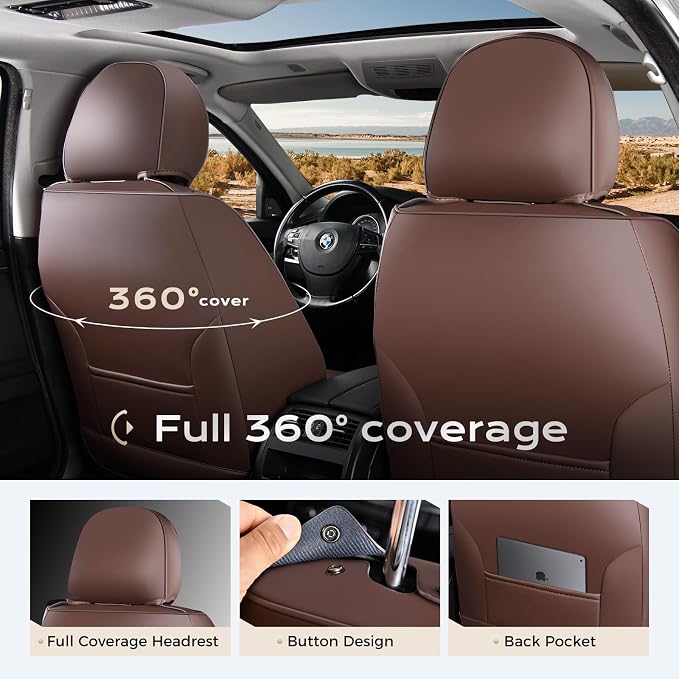 Coverado Car Seat Covers Front Seats, 2 Piece Car Seat Protector Waterproof Leather Seat Cushion Universal Fit for Truck Automotive Vehicles Brown