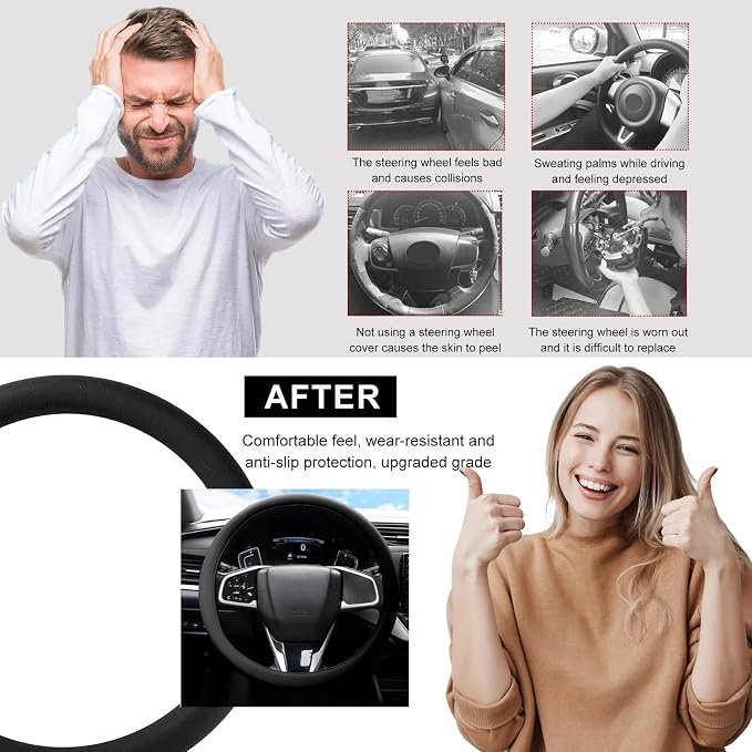 DXNQ Car Steering Wheel Cover, 13 to 14.17 inches Anti-Slip Silicone Steering Wheel Protector, Soft Flexible Shock-Absorbent Steering Wheel Protective Cover for Most Car Models (Black)