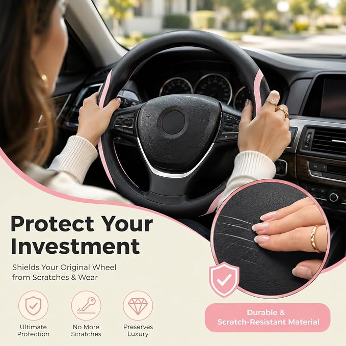 Steering Wheel Cover Black and Pink Leather Universal 14.5-15 inch | Car Steering Wheel Covers with Coasters Microfiber Breathable Anti-Slip Durable Steering Wheel Accessories Set for Woman