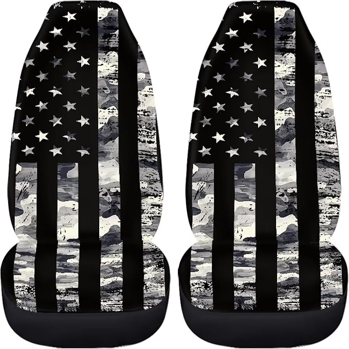 Gray US Flag Front Car Seat Cover 2 Pcs Patriotic Car Seat Covers for Front Seats Removable Automotive Accessories Easy Installation Universal Fit for Cars SUVs and Sedans