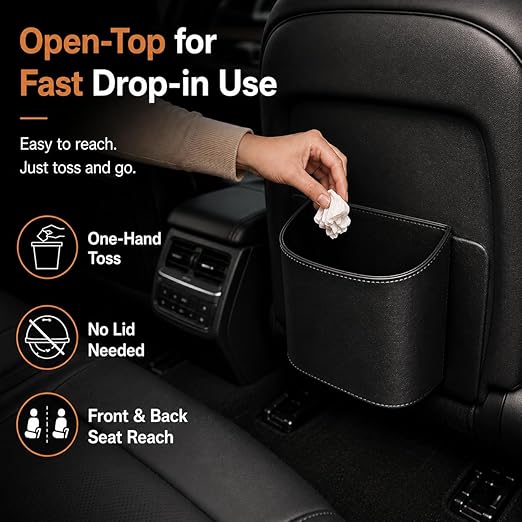 COZILO Leather Car Trash Can – Leakproof & Easy-to-Clean Car Garbage Can for Luxury Cars, SUVs & Trucks | Includes 60 Custom Liners, Secure Hook, Easy Install, Black