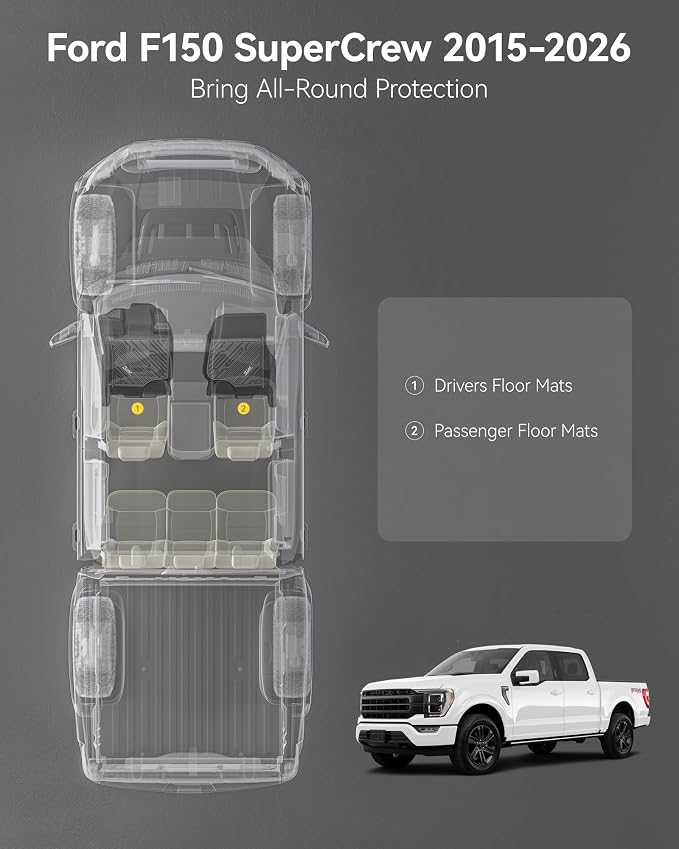 3W Floor Mats for Ford F-150 2015-2026 | F150 Lightning 2022-2025 SuperCrew & Super Cab Carpet Floor, TPE All Weather Custom Fit Car Accessories 1st Only Car Liners Black (Not Fit for Vinyl Floor)