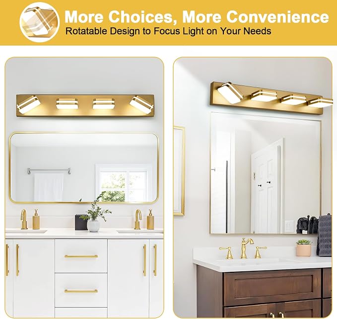 Torondo 360° Rotate LED Bathroom Vanity Light Fixtures, Acrylic Vanity Lights for Bathroom, Modern Wall Lighting Fixtures Over Mirror Living, Gold, Natural White, 4-Light, 27-Inch