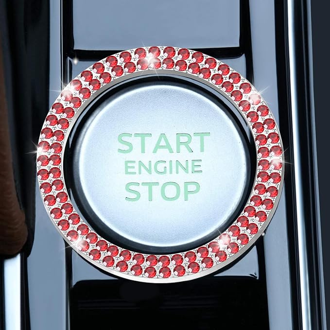 LivTee Car Engine Start Stop Decoration Ring, Crystal Double Rhinestone, Bling Car Interior Accessories for Women, Key Ignition & Knob Bling Ring, Push to Start Button Cover/Sticker, Red