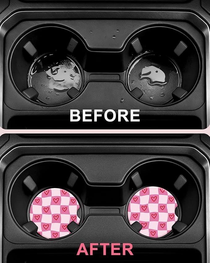 Swooflia 2 Pack Absorbent Ceramic Car Coasters for Women - 2.55 Inch Heart Checkered Pink Car Cup Holder Coasters with Cork Base, Funny Car Accessories, New Driver Gifts