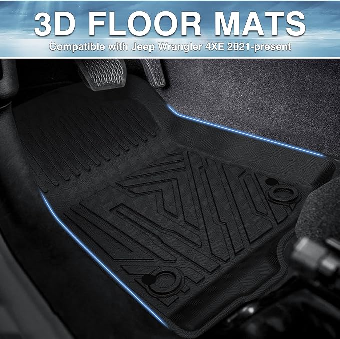 Mixsuper Floor Mats for Jeep Wrangler 4XE 4 Door 2021-2026 (Not fits JL/JK), Custom Fit TPE All-Weather Floor Liners, Waterproof Anti-Slip Heavy Duty Mats, 1st and 2nd Row Accessories Set Black
