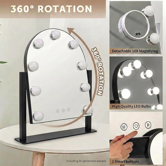 Arched Makeup Vanity Mirror with LED Lights Makeup Mirror Detachable 10X Magnification, Hollywood Make Up Mirror with Lighting, Smart Touch, Rechargeable,360° Rotation,Black 14.17"x 11.81"